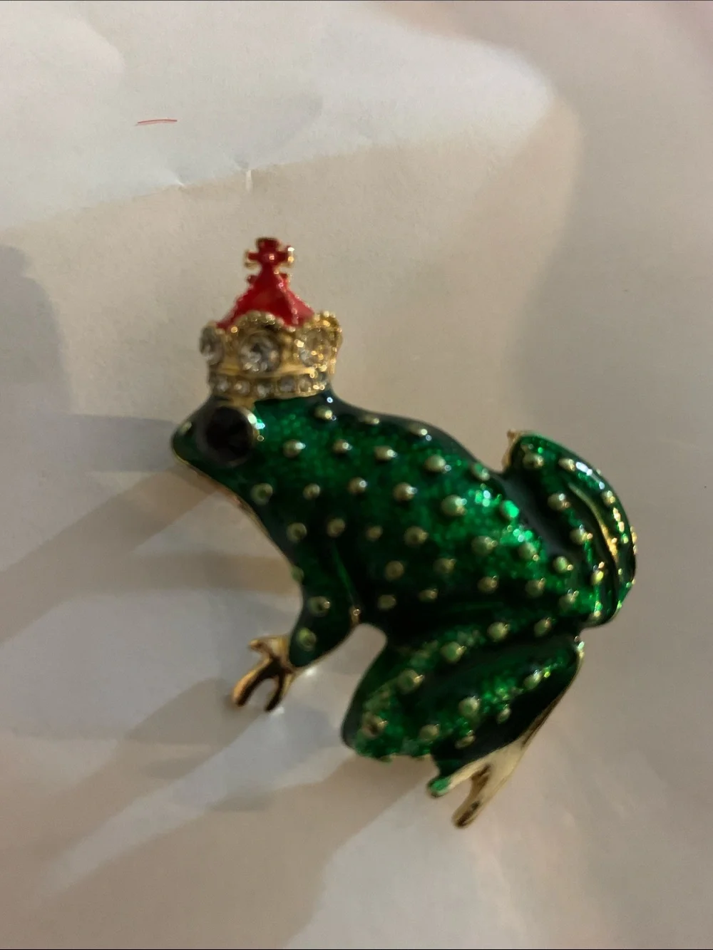 Green Enamel Prince Frog Brooch with Red Crown -